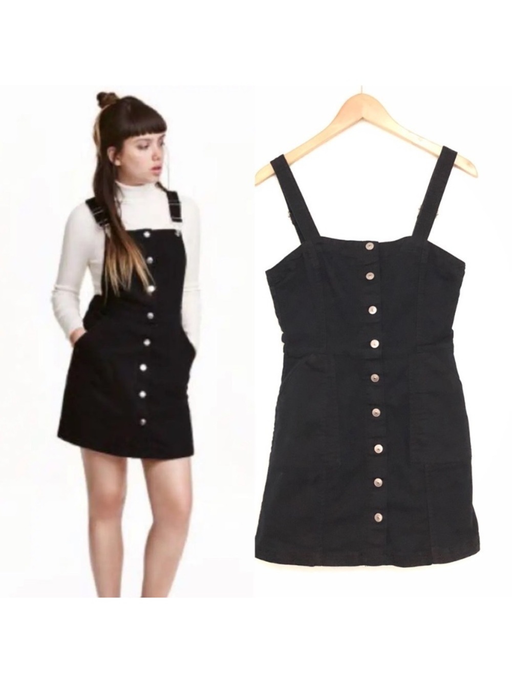 H&M Black Button-Front Pinafore Denim Cotton Mini Dress